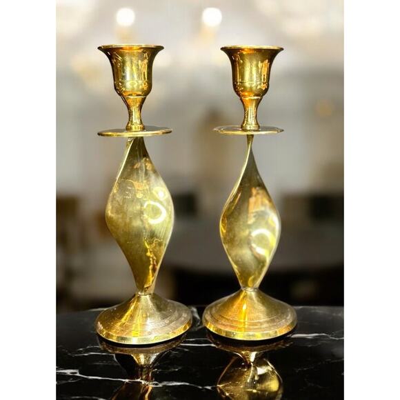2 Vintage Brass 1970's Ribbon Twist Candlestick Holders- 6.5” Never Used - Picture 1 of 6